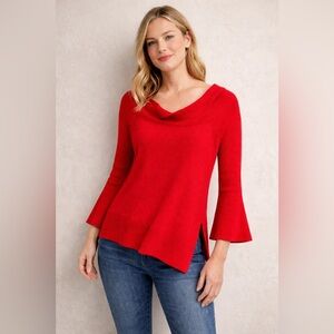 Anthropologie Red Bell Sleeve Sweater Size M Ribbed Knit Side Slit